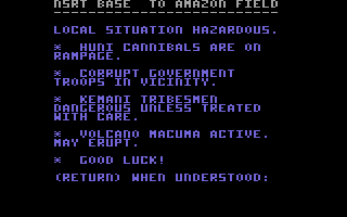 Amazon (Commodore 64) screenshot: A status report full of cheer and good news - yeah right.