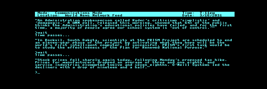 A Mind Forever Voyaging (Commodore 128) screenshot: News