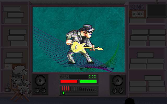 Rock and Bach Studio (DOS) screenshot: Watching the video clip - camera is zooming to certain musician
