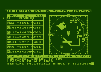 Controller (Atari 8-bit) screenshot: 10 mile radar sweep - plane A missed approach low on fuel