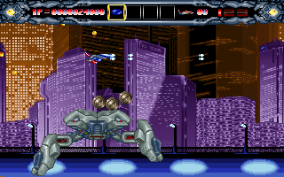 Illusion Blaze (DOS) screenshot: Boss battle against a giant mech with tons of HP