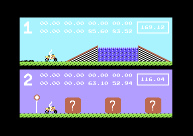 Kikstart: Off-Road Simulator (Commodore 128) screenshot: Water jump