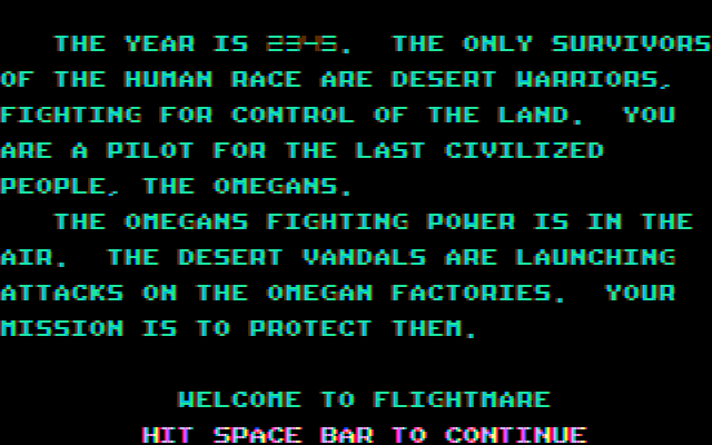 Flightmare (DOS) screenshot: Intro (CGA w/Composite Monitor)