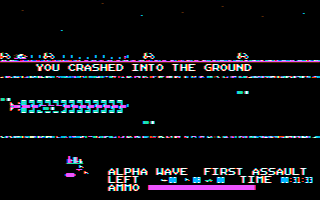 Flightmare (DOS) screenshot: I crashed into the ground! (CGA w/Composite Monitor)