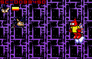 Zaku (Lynx) screenshot: A surprise guest appearance by Plok, who previously starred in his own self-titled game for the Super Nintendo Entertainment System.