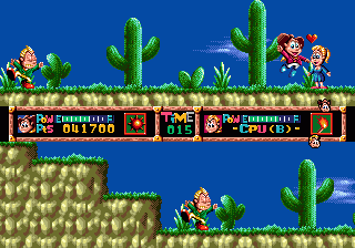 Dashin' Desperadoes (Genesis) screenshot: The first to arrive at the end wins the heart of the girl.