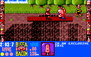 Viz: The Game (DOS) screenshot: Run across the log and don't fall down