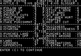 Ringside Seat (Apple II) screenshot: Fighter data