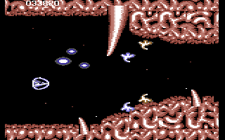 Life Force (Commodore 64) screenshot: The blue 'options' provide you with more firepower