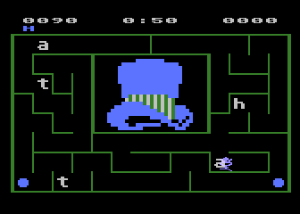 Alphabet Zoo (Atari 8-bit) screenshot: Collecting all the letters in "HAT"