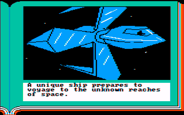 Gamma Force in Pit of a Thousand Screams (PC Booter) screenshot: A unique ship prepares to voyage to the unknown reaches of space. (CGA w/Composite Monitor)