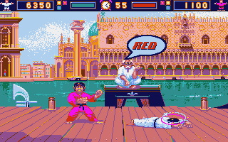 World Karate Championship (Atari ST) screenshot: White player has been knocked out! Red wins!
