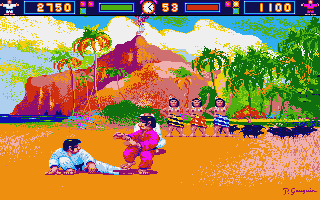 World Karate Championship (Atari ST) screenshot: White tries to knock red off his feet