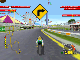 Moto Racer (PlayStation) screenshot: Riding at the fun fair