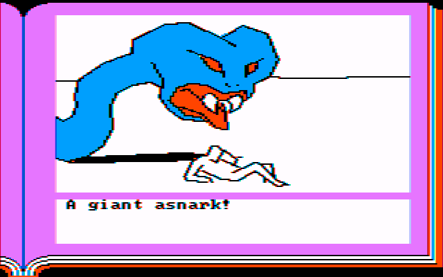 Gamma Force in Pit of a Thousand Screams (PC Booter) screenshot: Look out, stranger! There's a giant asnark behind you! (CGA w/Composite Monitor)