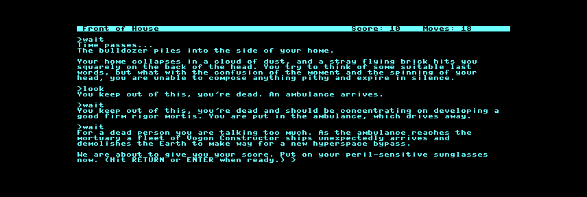 The Hitchhiker's Guide to the Galaxy (Commodore 128) screenshot: And ends