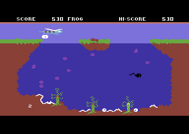 Savage Pond (Commodore 64) screenshot: The dragonfly flying over to drop eggs.