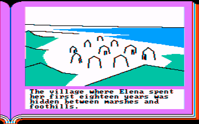 Gamma Force in Pit of a Thousand Screams (PC Booter) screenshot: Elena's village (CGA w/Composite Monitor)