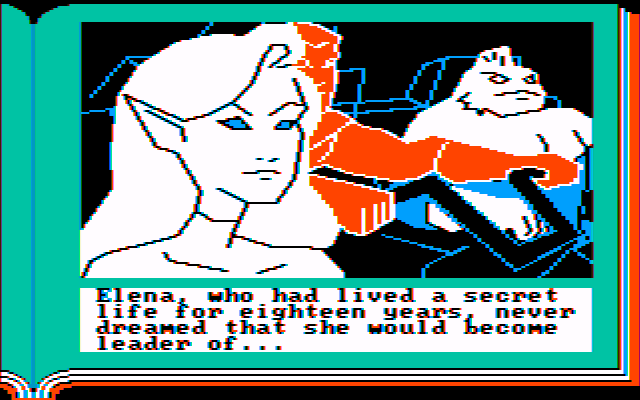 Gamma Force in Pit of a Thousand Screams (PC Booter) screenshot: Elena is the leader of the Gamma Force. (CGA w/Composite Monitor)
