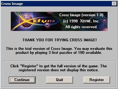 Cross Image (Windows) screenshot: The shareware game starts with a registration screen