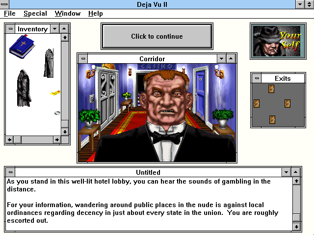 Déjà Vu I & II: The Casebooks of Ace Harding (Windows 3.x) screenshot: Thrown out by the bouncer.