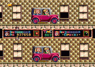 Dashin' Desperadoes (Genesis) screenshot: Boss of the first world: chase the jeep before time runs out.