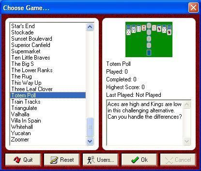 Solitaire Games (Windows) screenshot: After logging in and setting up a new identity, or selecting a previous identity the game offers this selection window. Once a game is selected it runs in full screen mode.