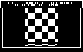 Wizardry: Proving Grounds of the Mad Overlord (Commodore 64) screenshot: A large sign on the wall and fell arcane "darkness" lies ahead.