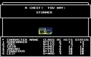 Wizardry: Proving Grounds of the Mad Overlord (Commodore 64) screenshot: A chest, upon inspection by Commidus the Thief, bares a Stunner trap.