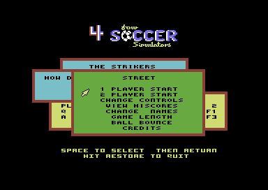 4 Soccer Simulators (Commodore 64) screenshot: Street Soccer's main menu