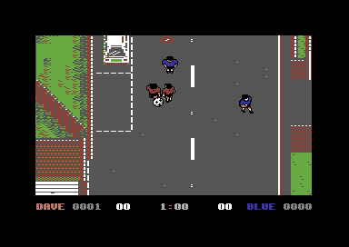 4 Soccer Simulators (Commodore 64) screenshot: Red vs. Blue in the street