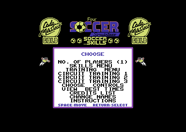 4 Soccer Simulators (Commodore 64) screenshot: Soccer Skills' main menu