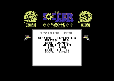 4 Soccer Simulators (Commodore 64) screenshot: The training menu