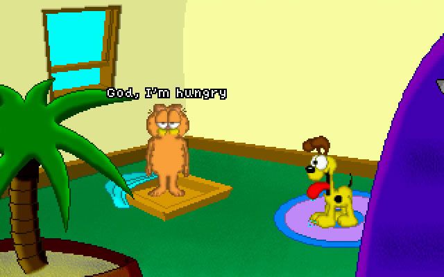 Garfield: Attack of the Mutant Lasagna (Windows) screenshot: Guess Garfield's first words when he wakes up in the morning