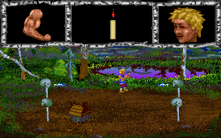 Sabor (DOS) screenshot: Avoiding running hut and skulls