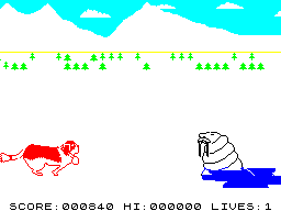 The Adventures of St. Bernard (ZX Spectrum) screenshot: Level 2. Here the obstacles are pools that must be jumped and the walrus that inhabits them