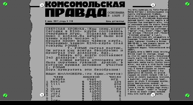 King (DOS) screenshot: Results of the game with top nine club players (in Russian)