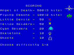 The Devil Rides In (ZX Spectrum) screenshot: There is no pretty load screen, the game starts with the score table and the selection of the level of difficulty