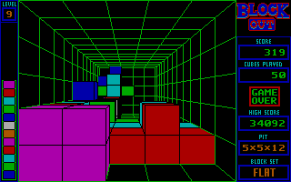 Blockout (DOS) screenshot: Uh oh, the blocks piled up to the top of the screen! (Lo-res EGA/Tandy)
