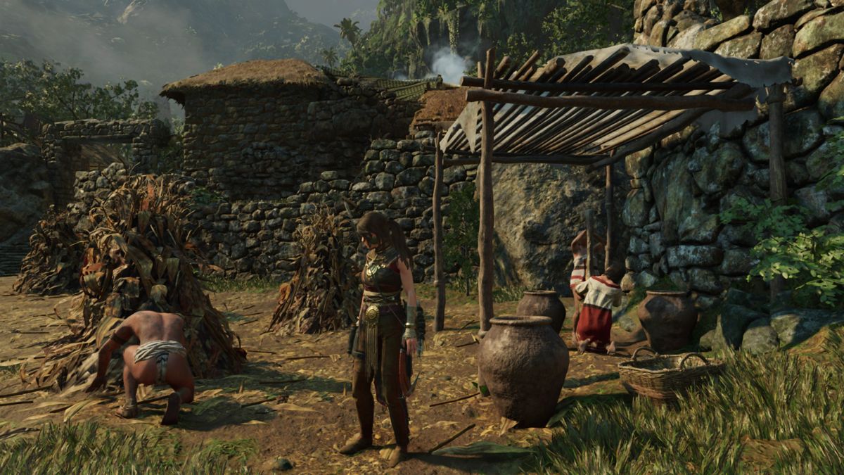 Shadow of the Tomb Raider (Windows) screenshot: Observing villagers inside The Hidden City.