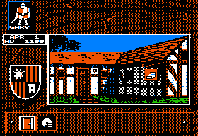 Knights of Legend (Apple II) screenshot: It's nice that you don't just enter a location in town, but that extra pictures are displayed