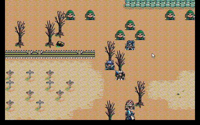 Nana Eiyū Monogatari (PC-98) screenshot: Desolate landscape, hostile soldiers... life sucks