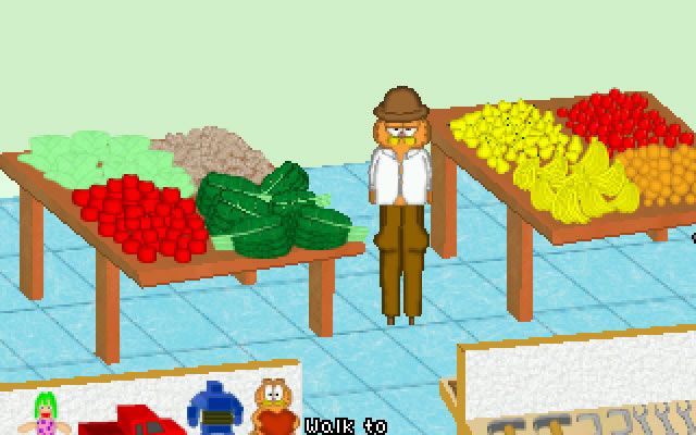 Garfield: Attack of the Mutant Lasagna (Windows) screenshot: Getting inside the supermarket is no easy task