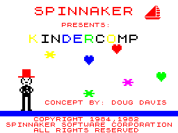KinderComp (ZX Spectrum) screenshot: The game starts this little man presenting the game's name, KINDERCOMP, letter by letter. he then doffs his hat and makes way for the main menu