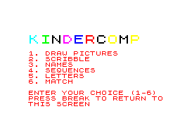 KinderComp (ZX Spectrum) screenshot: The main menu. The letters that spell KINDERCOMP across the top change colour.
