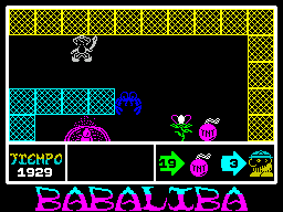 Babaliba (ZX Spectrum) screenshot: Monsters are killed by dropping a big bomb and running away. I ran away to another screen after dropping the bomb. The border around the play area flashed indicating that the bomb had detonated
