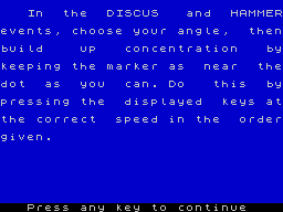 Micro Olympics (ZX Spectrum) screenshot: Event 2: Discus This is the help screen for the Discus & the Javelin