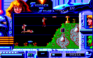 ThunderJaws (Amstrad CPC) screenshot: A stationary defense is blocking the way.