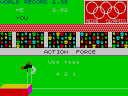 Micro Olympics (ZX Spectrum) screenshot: Event 6: High Jump Then the player repeats a sequence to build up the jumpers concentration. After several rounds the jumper starts to run and the 'Jump' key must be pressed at the right time.