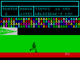 Video Olympics (ZX Spectrum) screenshot: The character is made to run by bashing keys on row A-G ans Z-B alternately